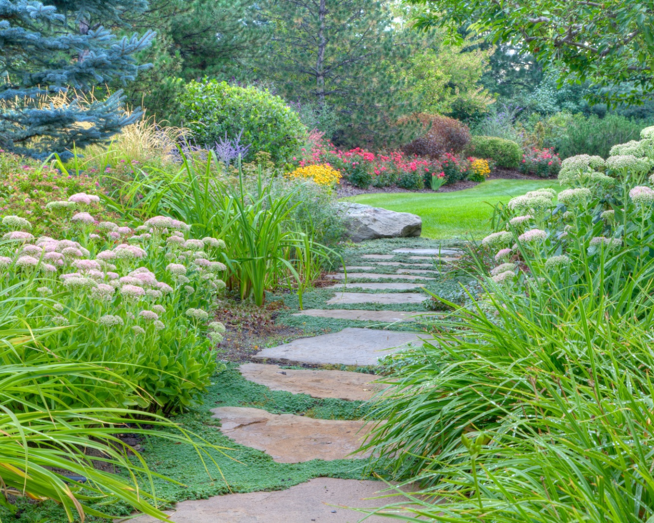 Pathway through lush garden with vibrant flowers and greenery, inspired by The Scout Guide’s aesthetic elegance.